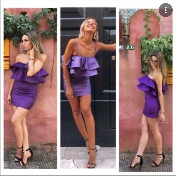 ZARA Blogger Favorite Metallic Purple Ruffle Mini Dress Size XS Party Flirty - Picture 1 of 12